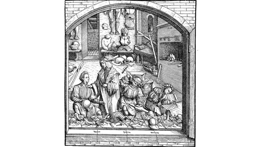 Werkstatt eines Büchsenmachers um das Jahr 1500, Reproduktion eines Holzschnitts von Hans Burgkmair